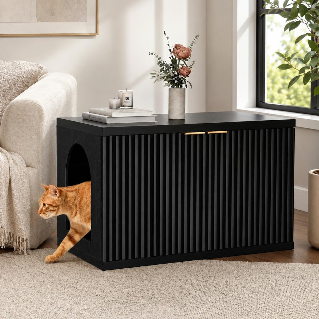 Cat Litter Box Enclosure, Modern Fluted Accent, Black