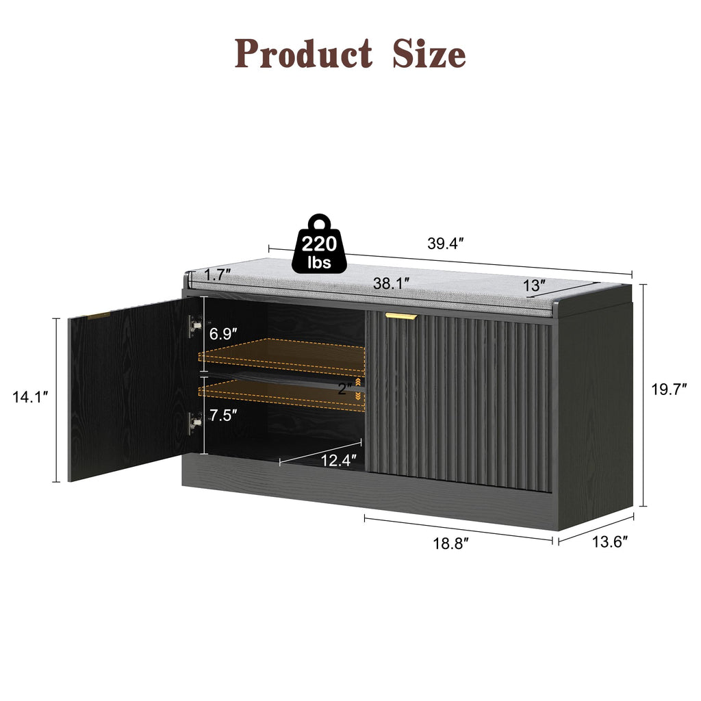 2-Tier Fluted Shoe Storage Bench with Adjustable Shelves and Cushion, Black丨Entryway Shoe Bench Hidden Shoe Cabinet