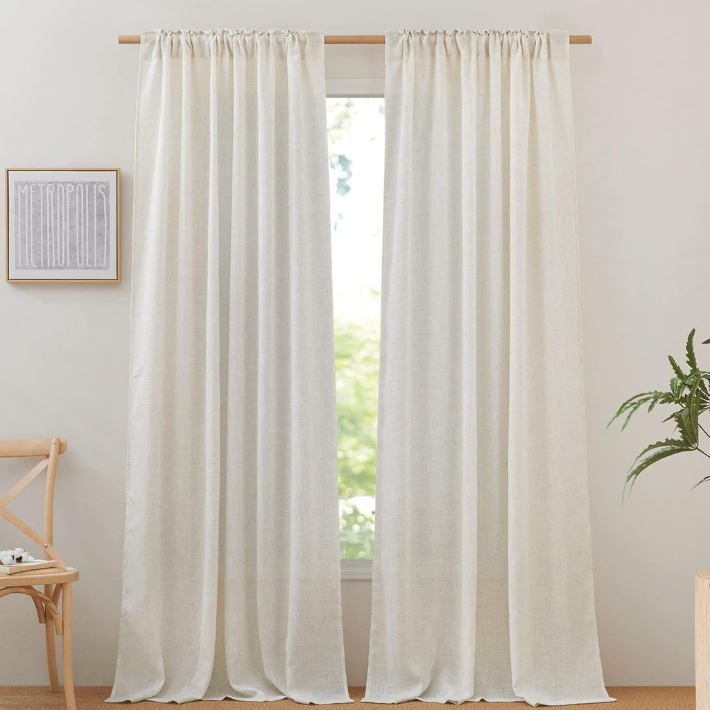 120 inch Curtains Linen Blend, Rod Pocket & Back Tab Natural Linen Burlap Semi Sheer Window Treatments Privacy with