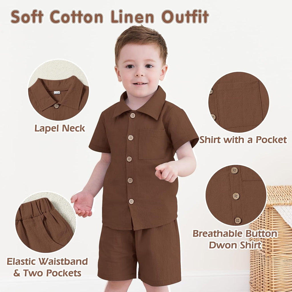 Toddler Baby Boy Summer Clothes Cotton Linen Short Sleeve Solid Button Down Shirt Shorts Set Outfits with Pockets