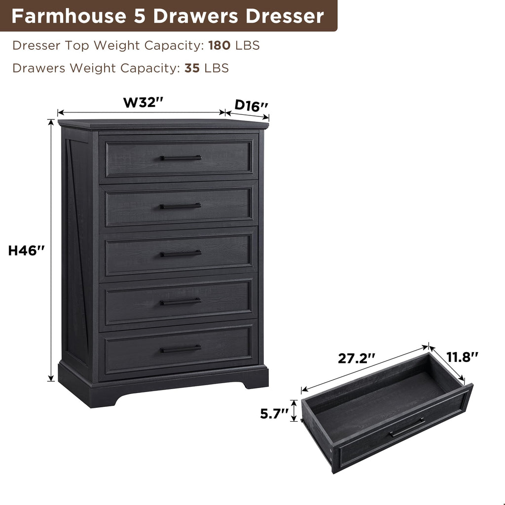 Farmhouse 5 Drawers Dresser Chests, Black