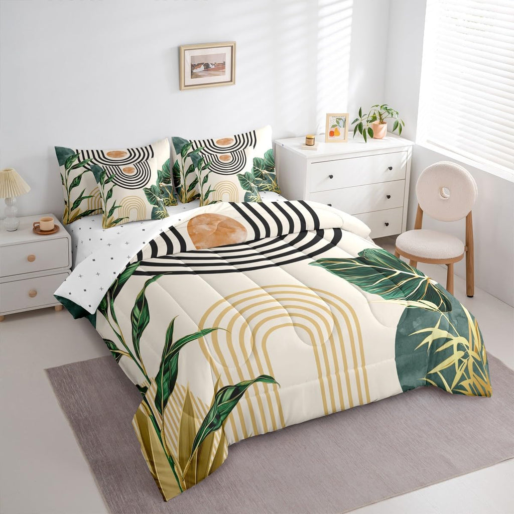 7 Pcs Mid Century Boho Comforter Set Queen Size Abstract Art Simple Bedding Sets, Minimalist Tropical Palm Leaves Bed
