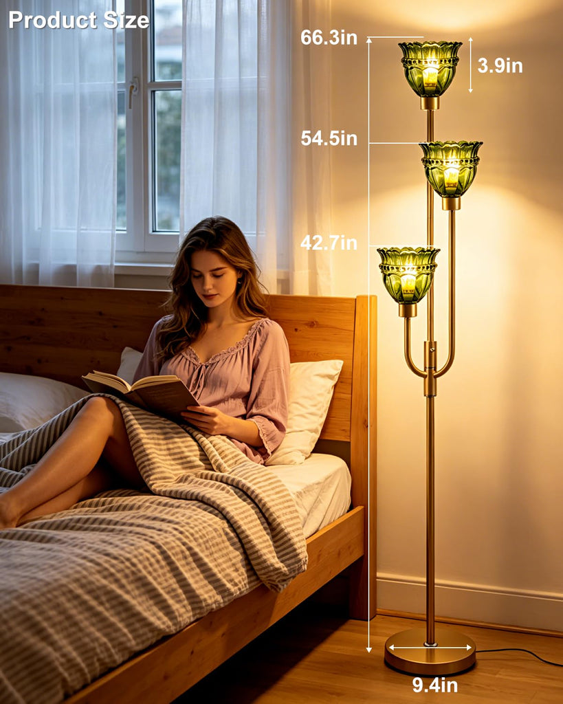 Green Glass Floor Lamp 66IN 3-Light Modern Gold Dimmable Tree Floor Lamps