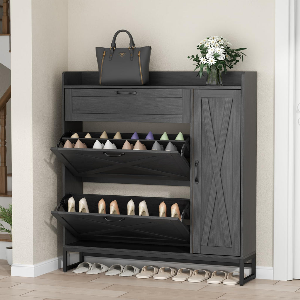 Free Standing Shoe Cabinet with 2 Flip Drawers and Adjustable Side Cabinet