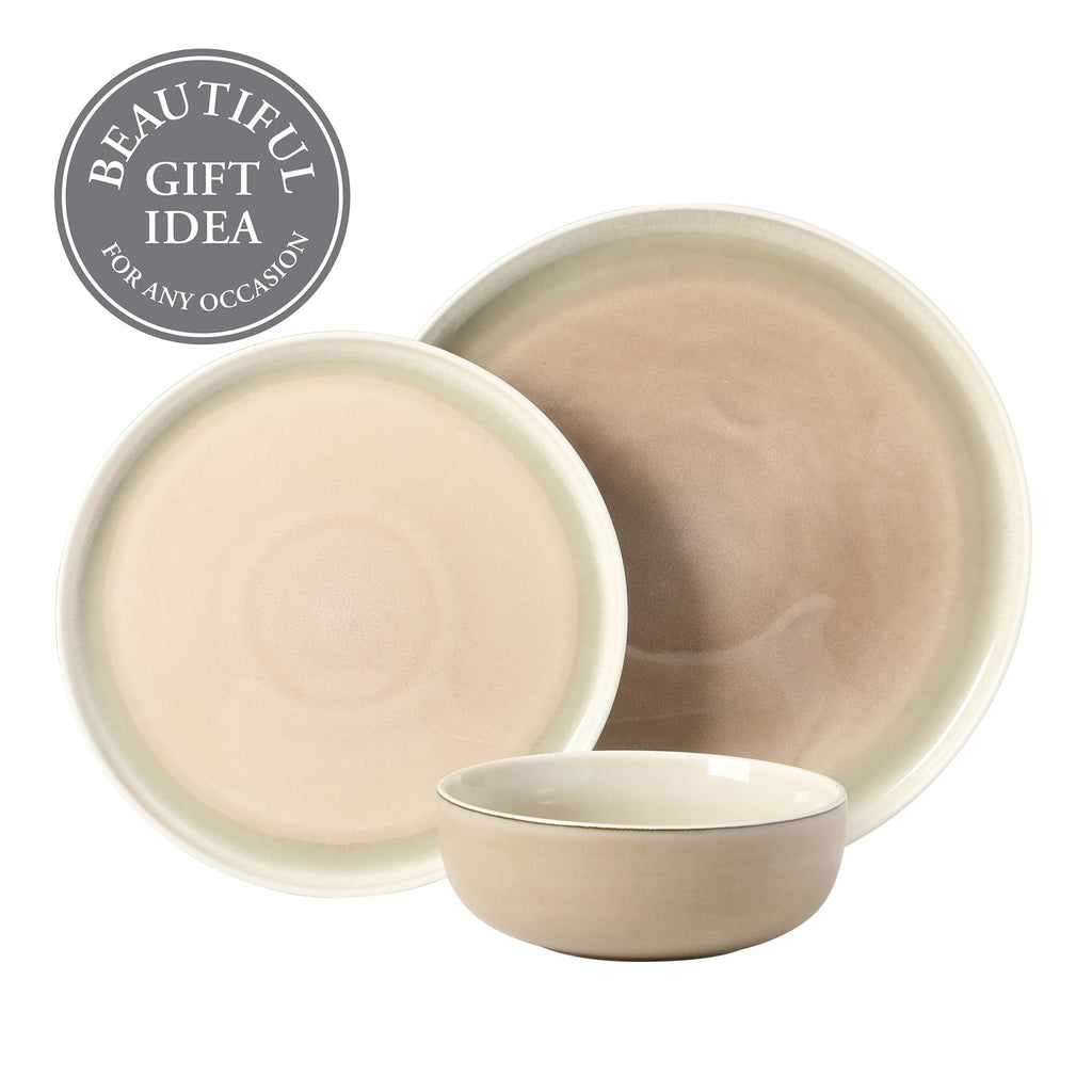 Island Bay 12-Piece New Bone China Dinnerware Set Service for 4, Reactive Glaze Plates and Bowls, Dishwasher