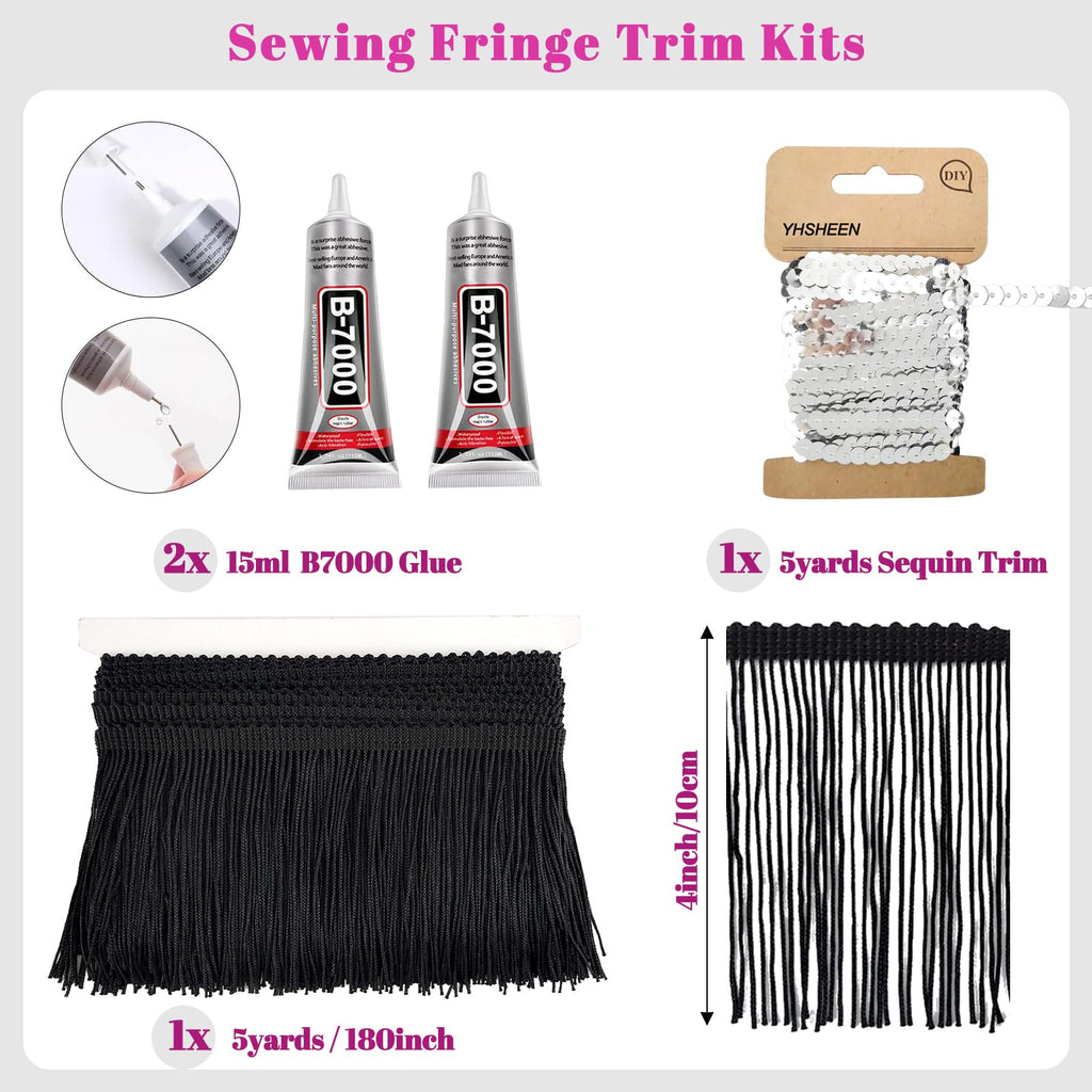 Black Fringe, 5 Yards X 4 Inch Fringe Trim with B7000 Glue, Tassels Trim for Crafts, Polyester Fibre Sewing Fringe