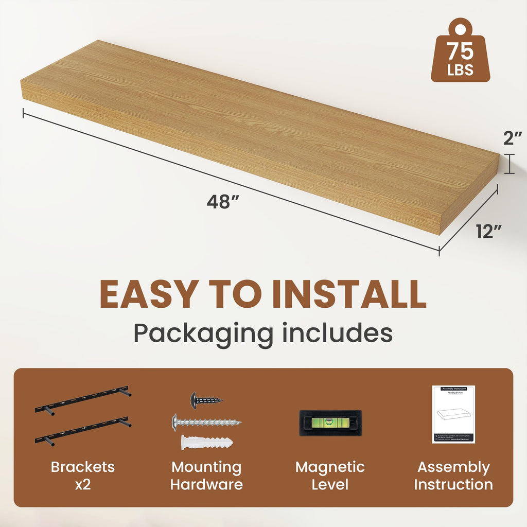Deep Floating Shelves 48x12" Set of 2, Oak
