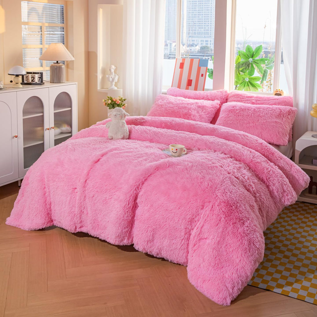 Faux Fur Plush Pink Comforter Sets - Ultra Soft Shaggy Flannel Velvet Fluffy Fuzzy 3PC Bedding Sets
