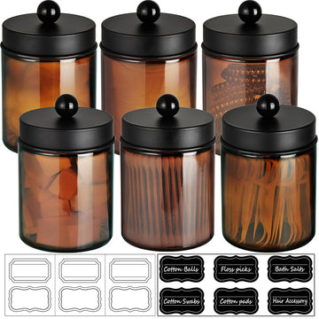 Amber Glass Apothecary Jars Qtip Holder w/Metal Lids, Black 6pc