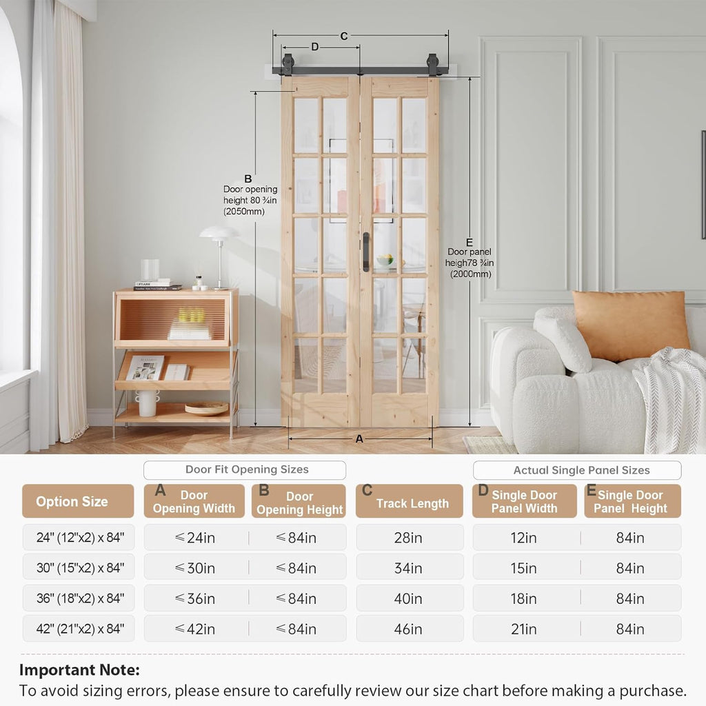 36 x 84 in (Double 18x84 inch) Bifold French Glass Door,Sliding Folding Barn Doors with 3.3FT Hardwa