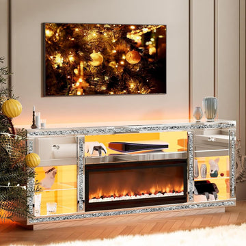 Mirrored TV Stand with Fireplace for 70 Inch TVs