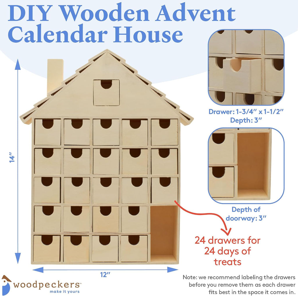 DIY Wooden Advent Calendar House 14 x 12 Inch, Pack of 1 Christmas Advent Calendar With 24 Empty Drawers for Crafts