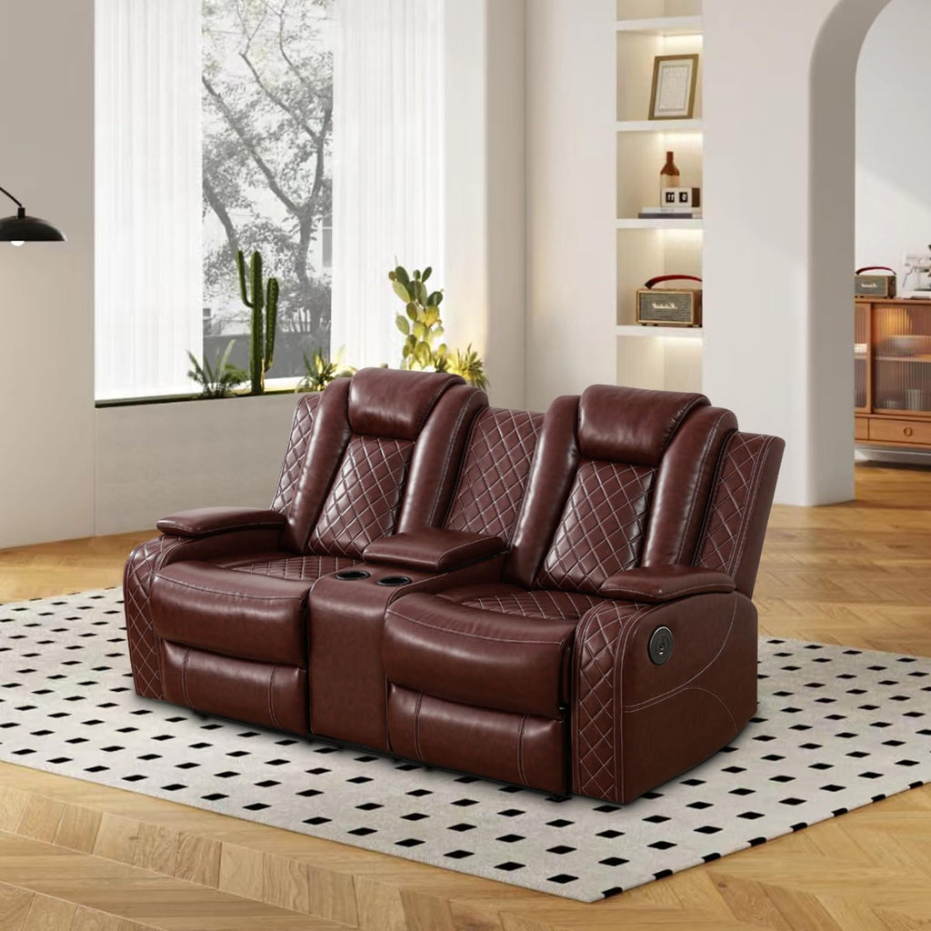 Power Recliner Loveseat, Air Leather Reclining Couch with LED/Cup Holders/Storage, 2-Seater Reclining Sofa, Burgundy