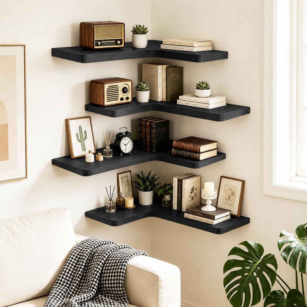 Solid Wood Corner Floating Shelves, L-Shaped, Black, Set of 4