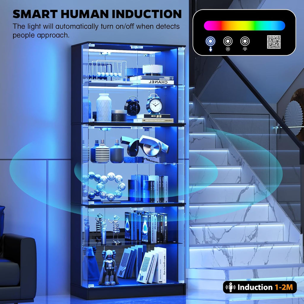 Display Cabinet with Glass Doors, 6-Tier 71'' Tall Curio Cabinet with RGB Lights for Collectibles, Display Case with