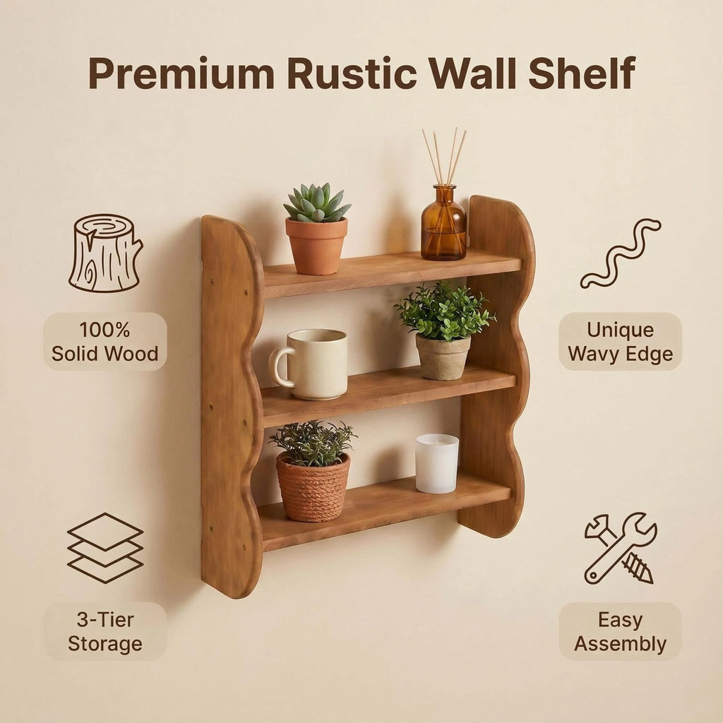 3-Tier Wall Mounted Scalloped Shelf 100% Solid Wood, Rustic Floating Trinket Display Shelves for Room, Farmhouse