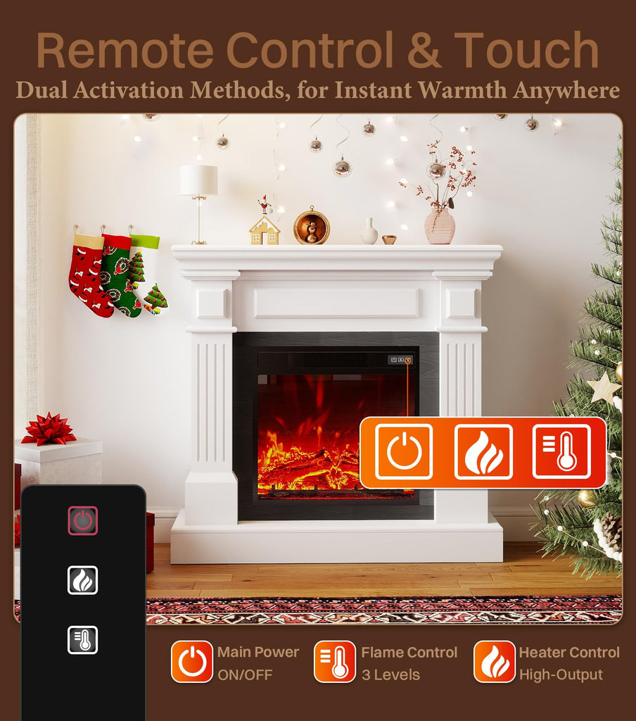 35" White Electric Fireplace with Mantel, TV Stand, with 18" Fireplace Heater