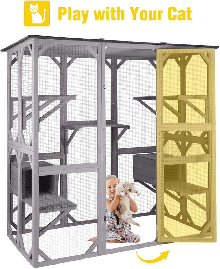 Large Wooden Catio Outdoor Cat Enclosure, Walk-in Kitty Condo with 7 Climbing Platforms, 2 Napping Houses, Expandable