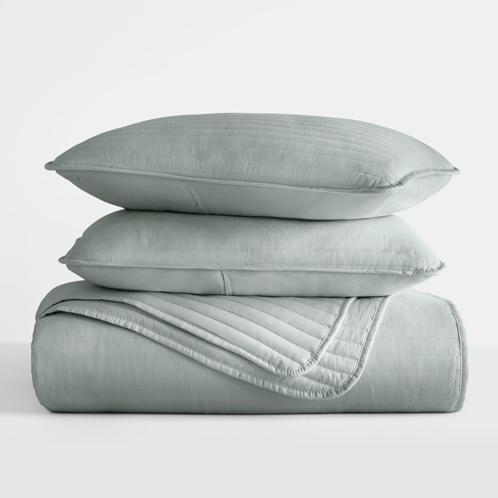 Modern Quilt Coverlet Soft Set in Stripe Stitching - Cal- Eucalyptus