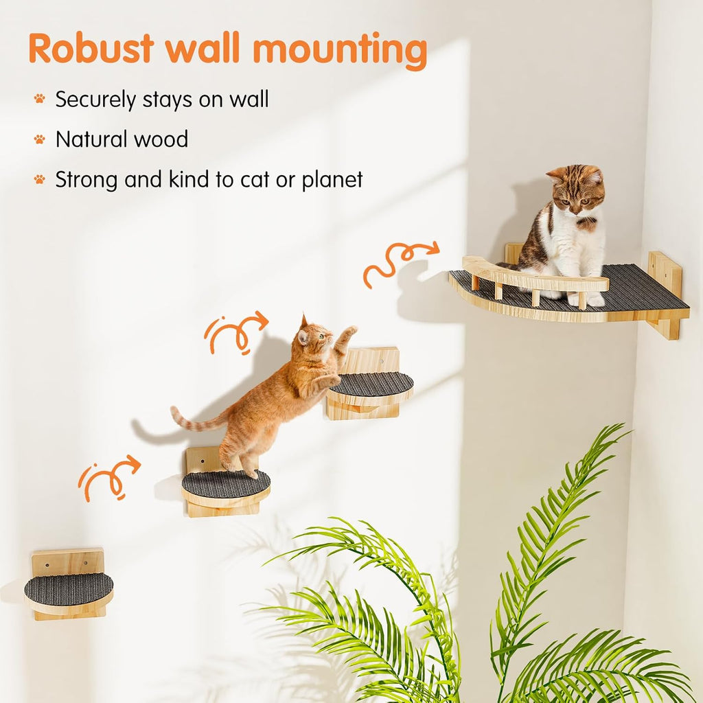 Cat Wall Shelves with 3 Steps, Wooden Cat Wall Furniture up to 15lbs, Floating Stairs for Small/Medium Cats, Kitty