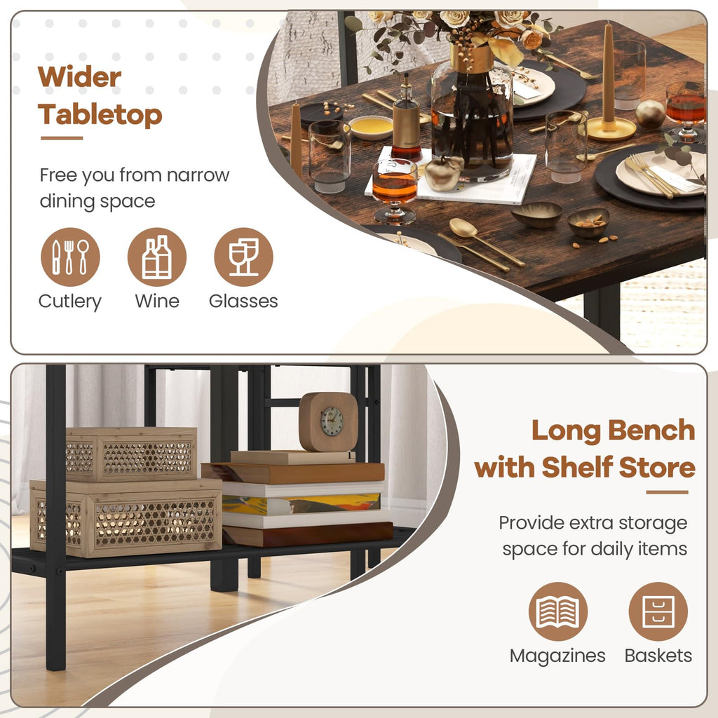 Small Dining Table Set for 4 with Bench, Industrial Kitchen Table and Chairs, Rustic Brown Wood & Black Metal 4-Piece