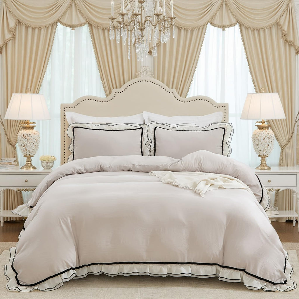 Grey Ruffle Comforter Set King Size, Pompoms Chic French Style Boho Bedding Sets, Fluffy Coquette Comforters Sets for