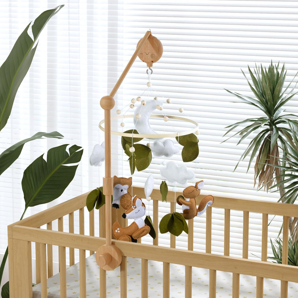 Woodland Animals Theme Bassinet Baby Nursery Mobiles with Modes Digital Music Box 3In1 Set-34 Inch Wooden Mobile Arm