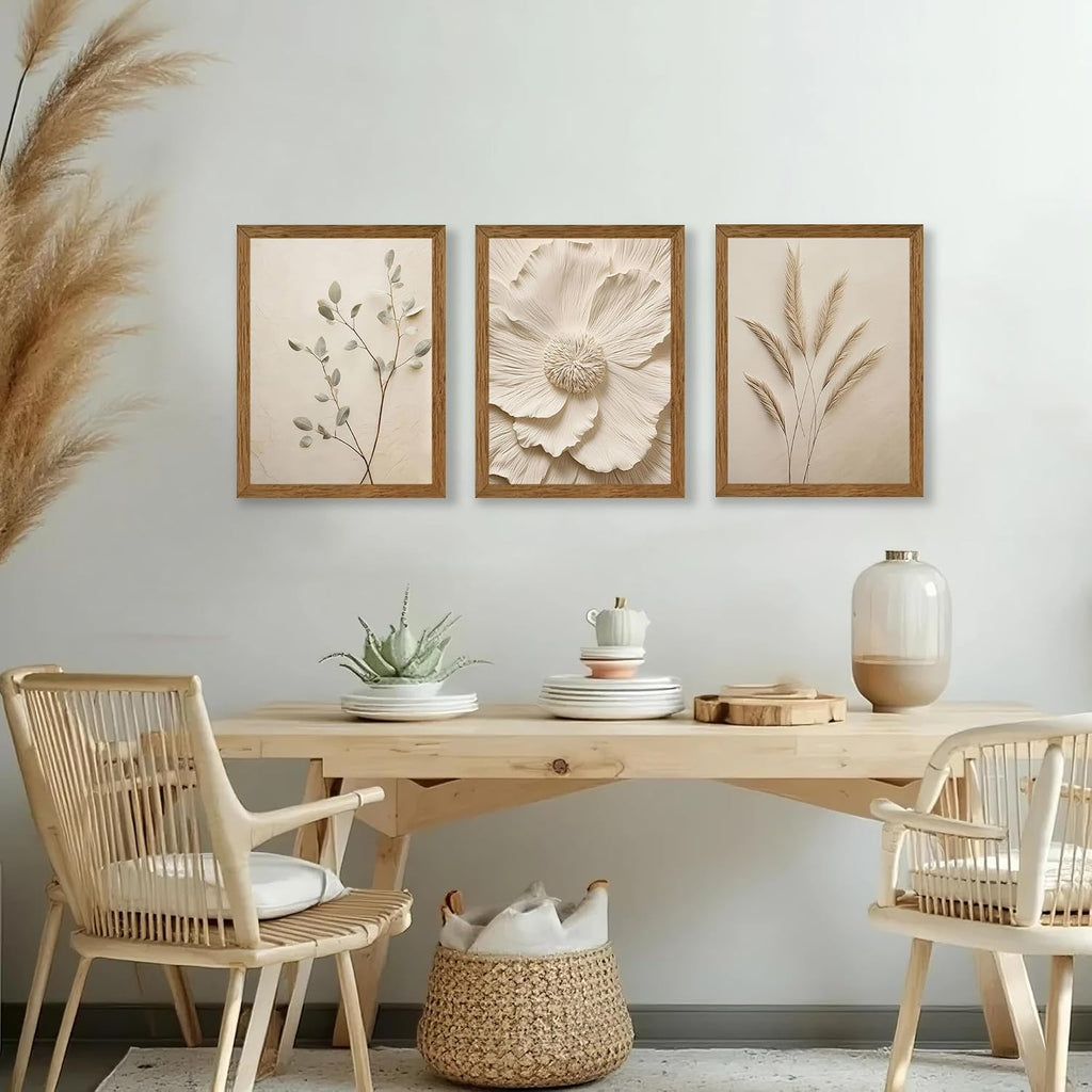 3 Piece Framed Neutral Beige Floral Canvas Wall Art, Modern Simple Texture Blossom Wall Decor, Vintage Botanical