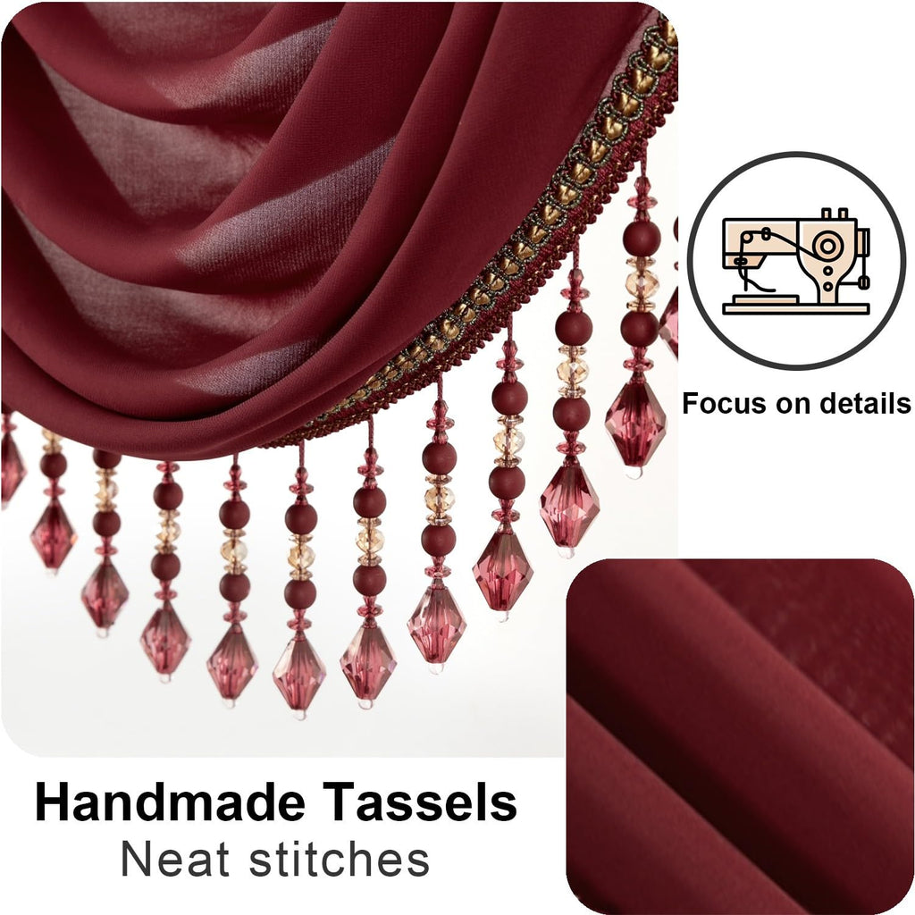 Burgundy Red Waterfall Curtains Valance, Soft Touch Silky Textured Voile Curtain Window Panels, 1 Piece Vintage