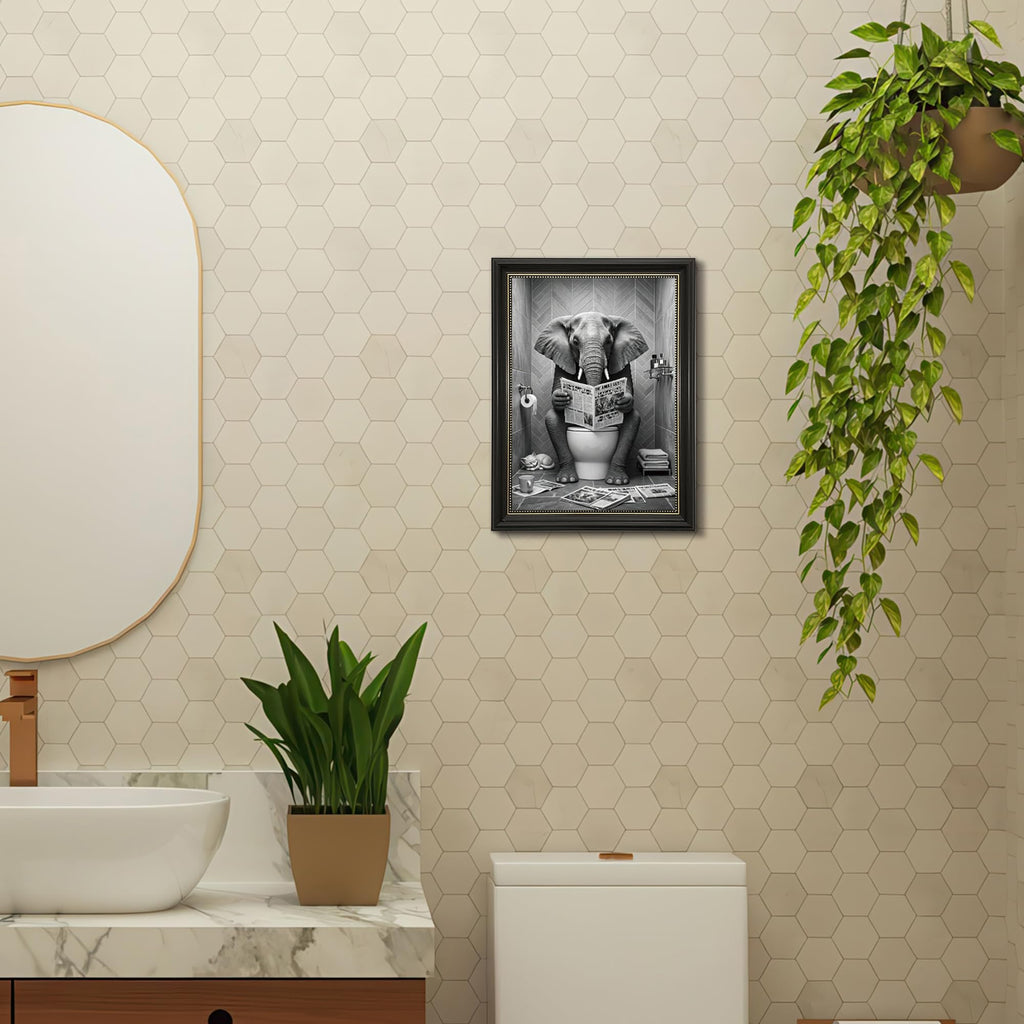 Funny Elephant Bathroom Wall Art, Black and White Animal Reading Newspaper Print art, Quirky Toilet Humor Wall decor