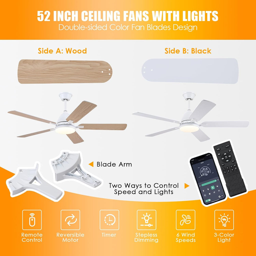 Ceiling Fans with Lights, 52 Inch Low Profile Ceiling Fan with Light and Remote Control,Reversible,RGB,3CCT, Dimmable,Quiet,White Ceiling Fan for Bedroom Indoor/Outdoor Use A101-B0DTDFC6GH