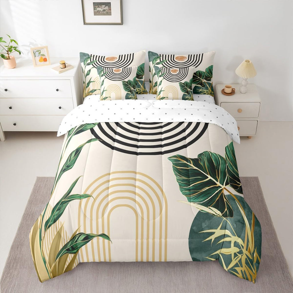 7 Pcs Mid Century Boho Comforter Set Queen Size Abstract Art Simple Bedding Sets, Minimalist Tropical Palm Leaves Bed