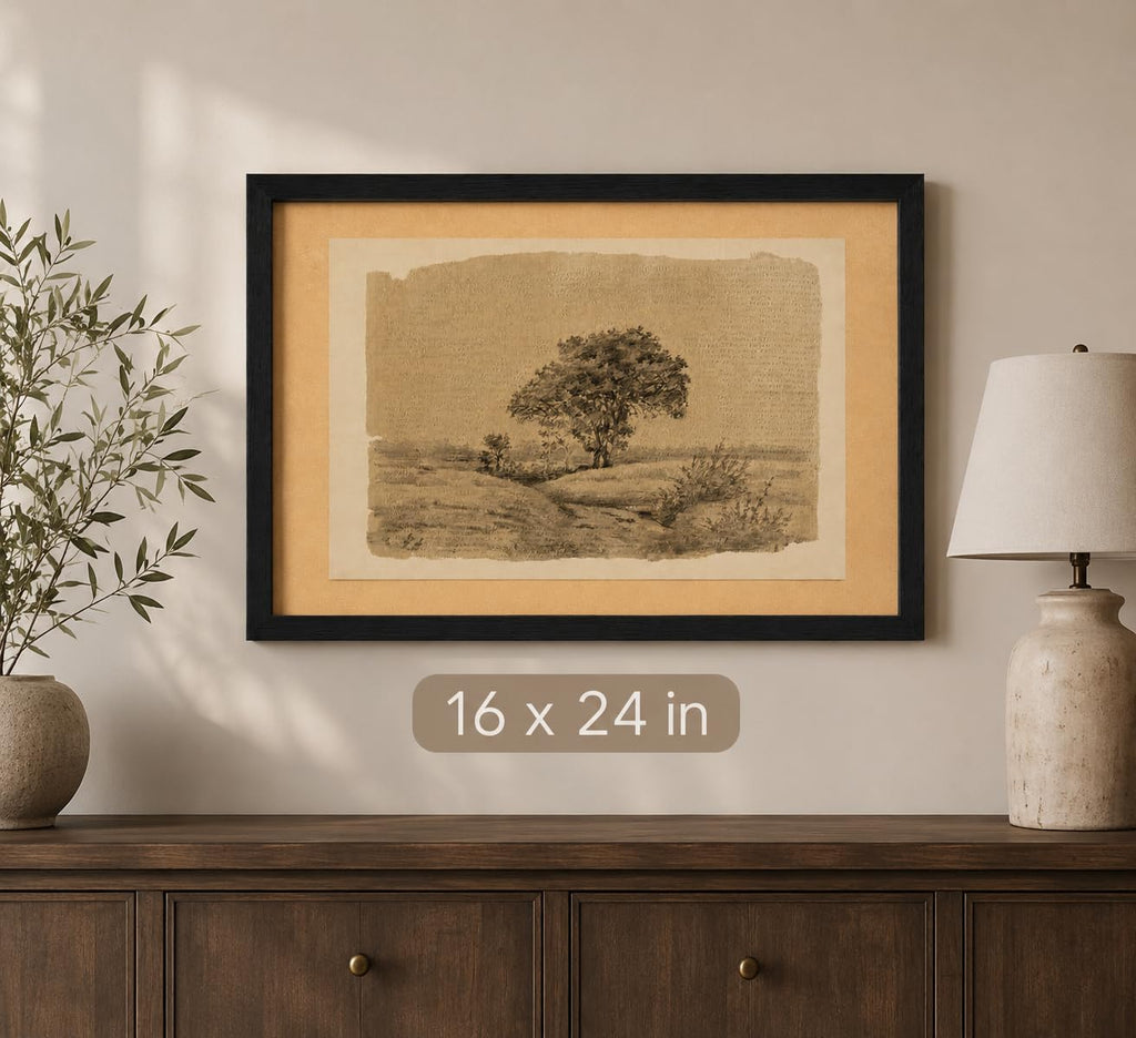 Framed Landscape Sketch Wall Art Rustic Tree Painting Picture Wall Decor Sepia Country Scenery Poster Print Artwork