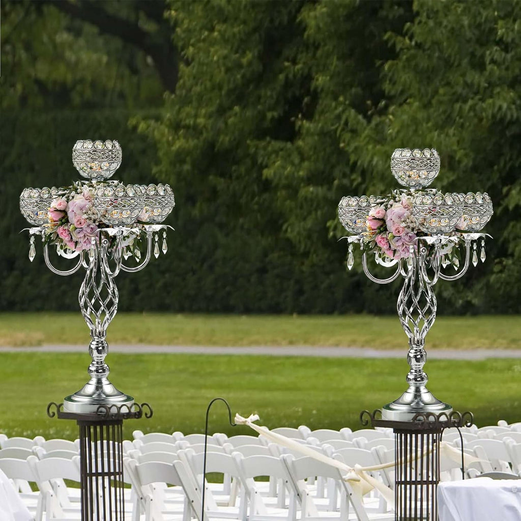 Crystal Candelabra Centerpiece, 5-Light Gold Metal Stand with Hanging Crystals, Decorative Wedding Table Holder (1