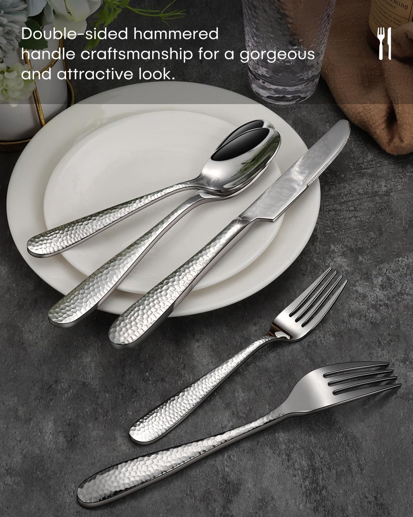 Hammered Silverware Set, Silver 30PCS Flatware Set for 6 Mirror Finish Stainless Steel Eating Utensils Sets Include