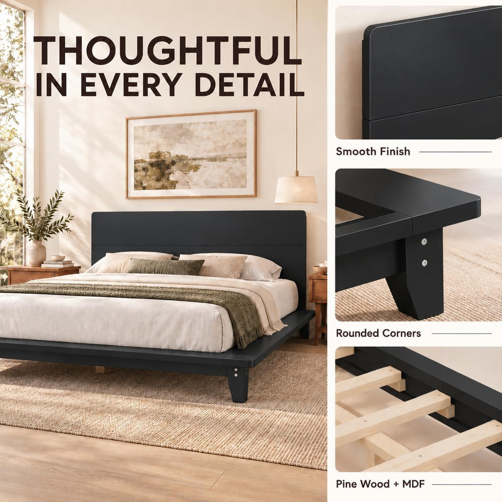 Japanese Wooden Bed Frame with Black Headboard