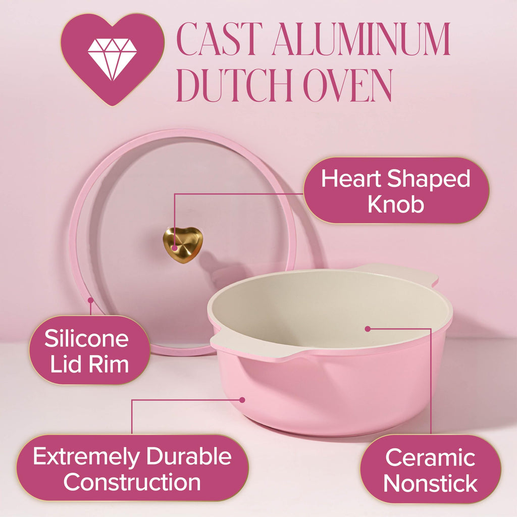 Cast Aluminum Dutch Oven with Lid, Ceramic Nonstick Coating Made Without PFAS, PFOA, PFOS & PTFE, Heart Knob