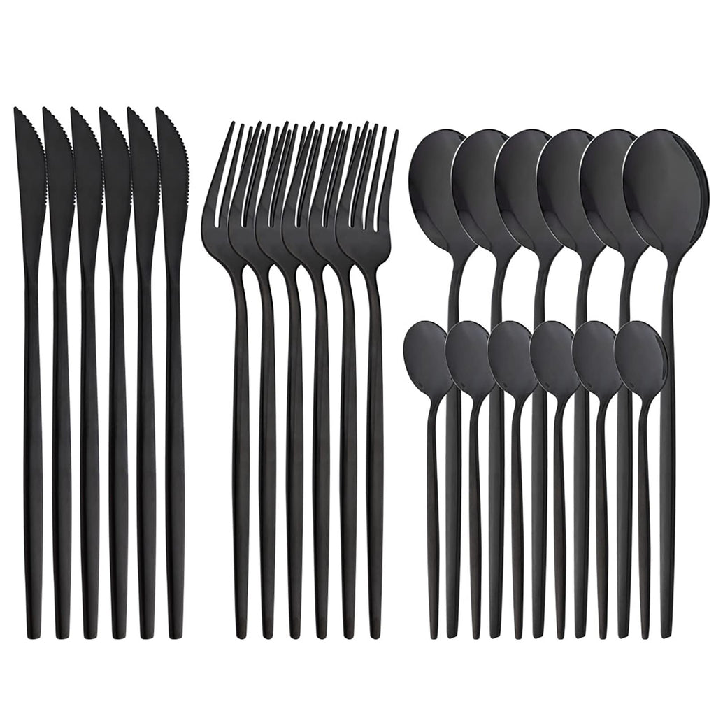24-Piece Mirror Black Polished Flatware, 18/0 Stainless Steel Dinnerware Set Include Knife Fork Spoon Teaspoon