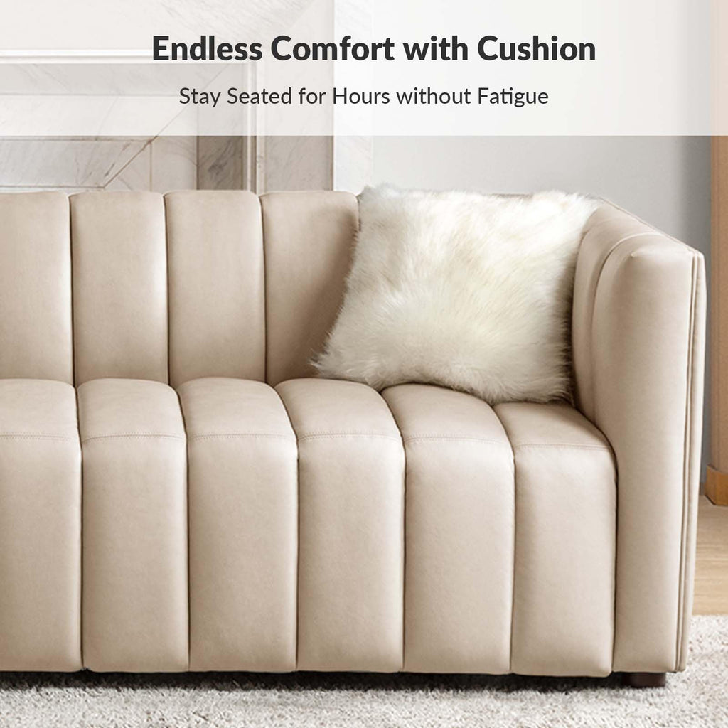 83" Genuine Leather Sofa with Channel Tufted Design, Beige