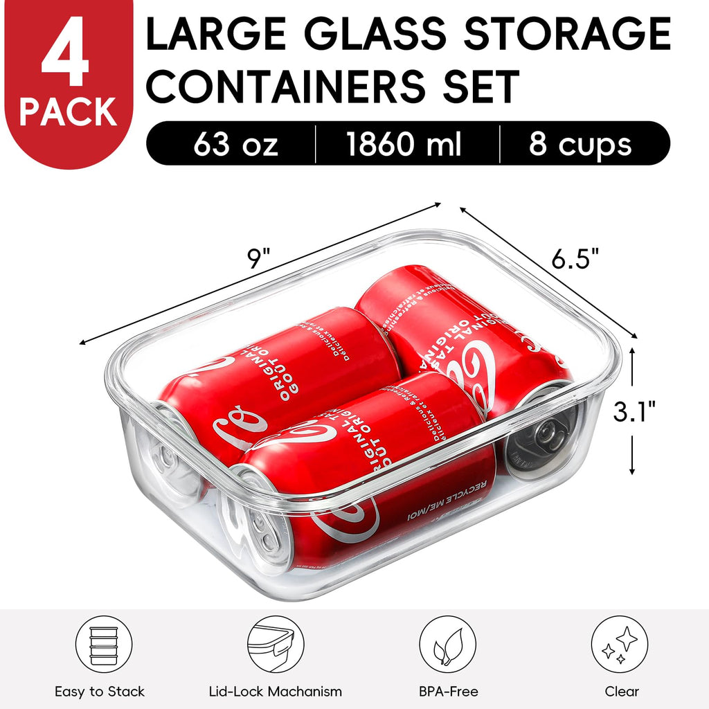 4 Pack 8 Cups/ 63oz Large Glass Storage Containers with Lids, Meal Prep Containers, Glass Food Storage with Airtight
