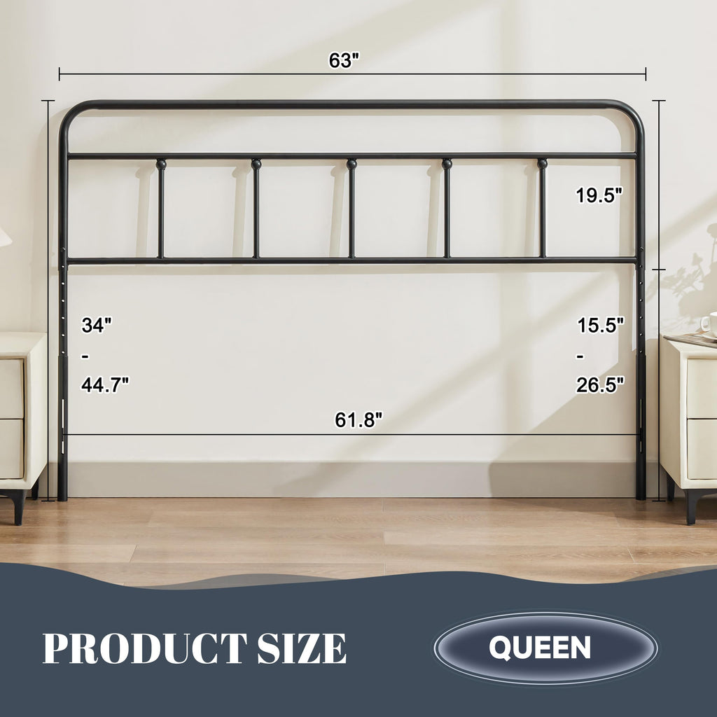 Vintage Metal Headboard Only, Adjustable Height 34-44 in, Black