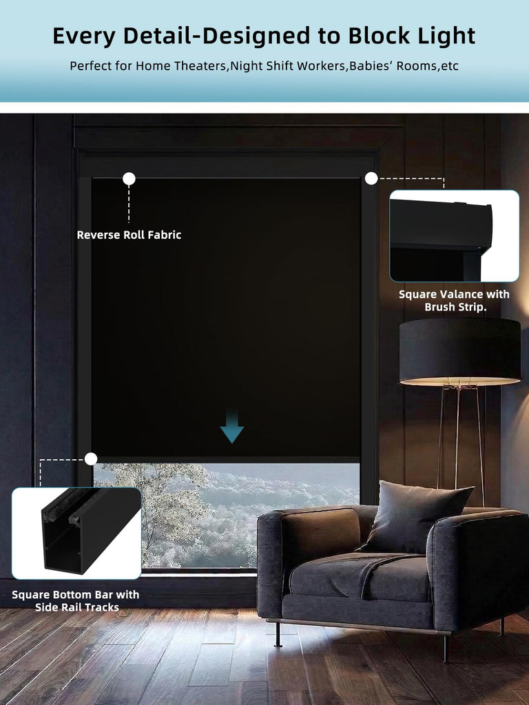 Motorized Smart Roller Shades, 100% Blackout Vinyl Black