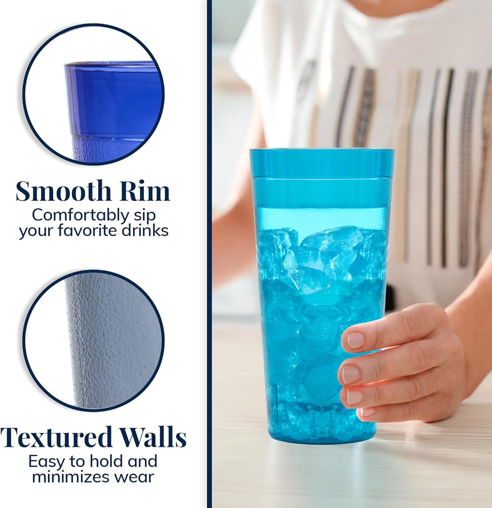 Cafe Plastic Reusable Tumblers (Set of 16) 20-ounce Water Cups Coastal Colors | Restaurant Style Drinking Glasses