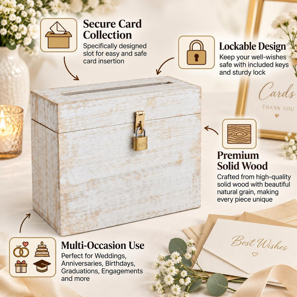 Wooden Wedding Card Box with Lock and Card Slot for Reception, Party W2