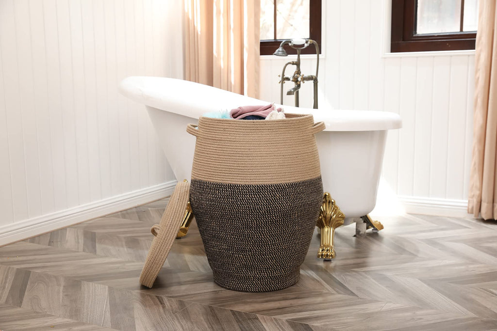 26"x20" Extra Large Tall Woven Laundry Basket with Lid, Cotton Rope Blanket Storage Basket, Freestanding Decorative