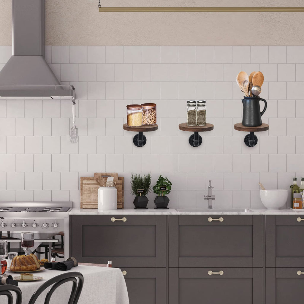 5.9inch Wall Mounted Floating Shelves Round Display Rack with Metal Industrial Pipe Brackets, Rustic Wood Shelving