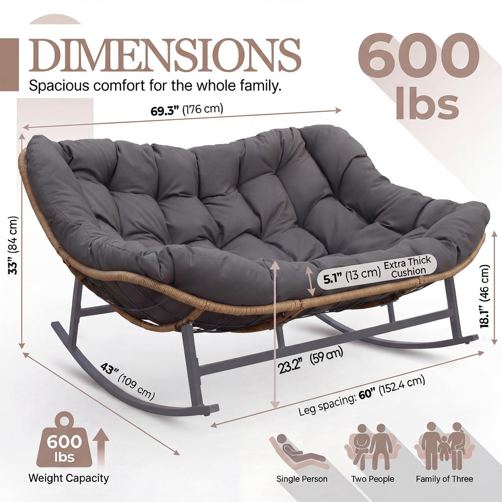 Double Wide Rocking Papasan Chair Outdoor Indoor for 2, PE Wicker Patio Rocking Chair with Cushion and Frame, Heavy