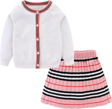 Cute Little Girls Ribbed Knit Cardigan Skirt Set School Style
