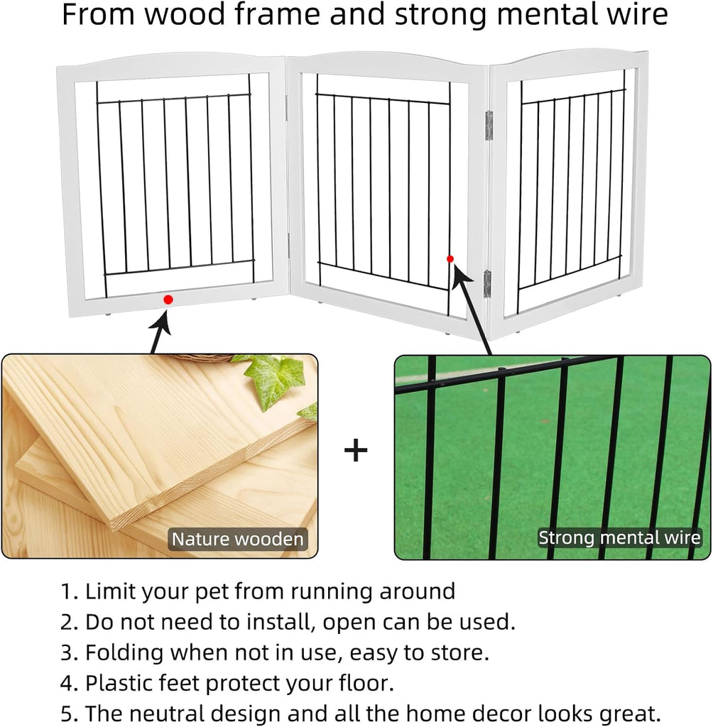 Freestanding Foldable Dog Gate Extra Wide Wooden White Indoor Puppy Gate Stairs Doorways Pet Gate Tall Dog Fence 3