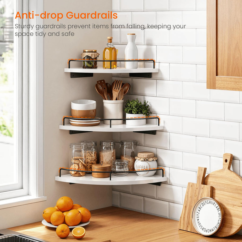 Corner Wall Shelves, 3 Tier Wooden Corner Floating Shelves, White